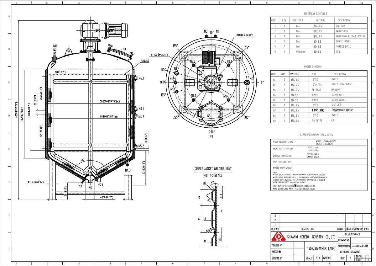 1,500 GALLON JACKETED MIX TANK - T-316L S/S CONTACTS - 40 PSI/FV/120 PSI