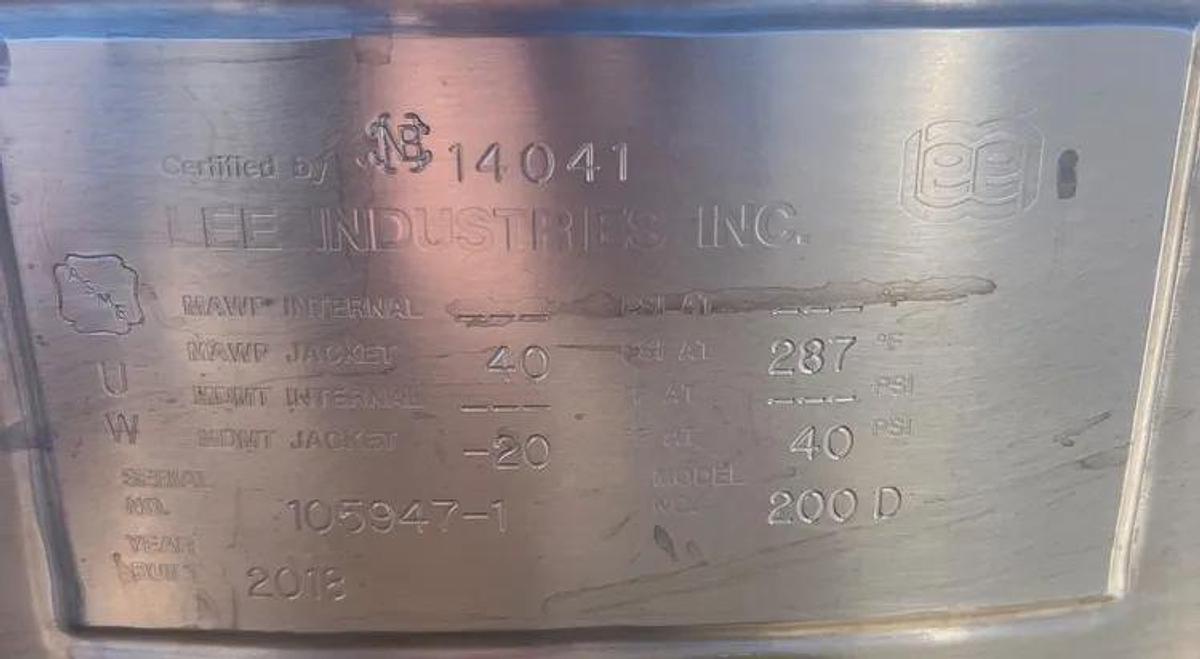 Used 200 GALLON LEE JACKETED KETTLE - T-316 S/S - 40 PSI JACKET