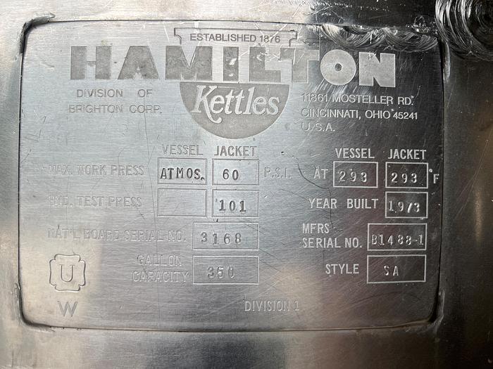 Refurbished 350 GALLON HAMILTON KETLLE - S/S - 60 PSI JACKET