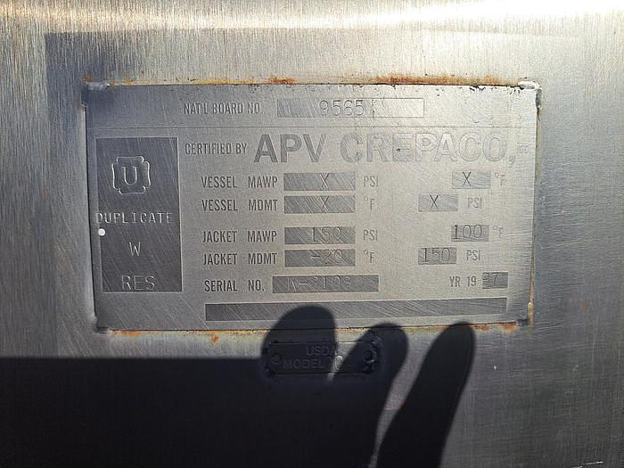 Used 1,000 GALLON APV CREPACO SCRAPER AGITATED TANK - JACKETED