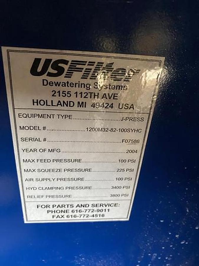Used 100 CU. FT. US FILTER J-PRESS FILTER PRESS - 1200MM