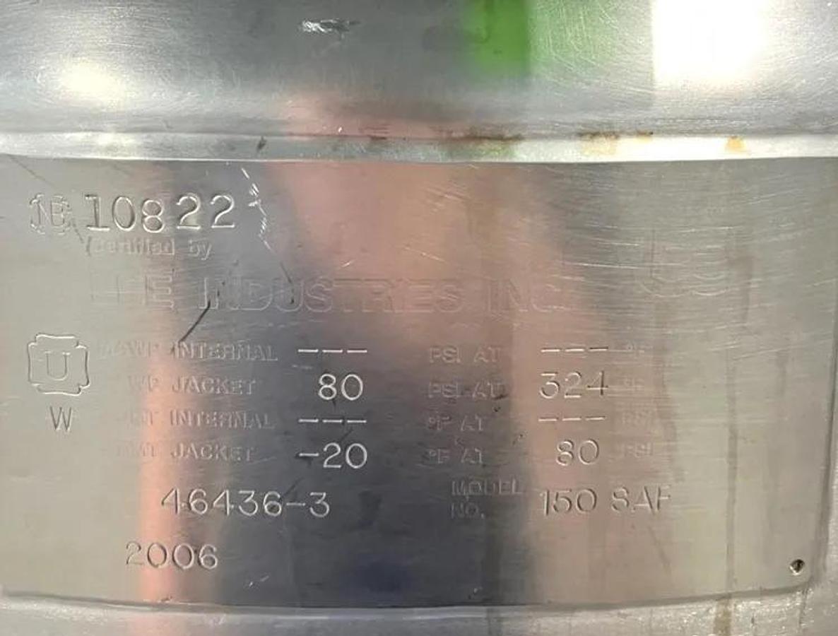 Used 150 GALLON LEE KETTLE WITH SWEEP AGITATION - 316 S/S - 80 PSI JACKET