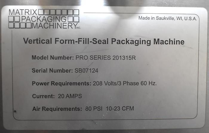Used MATRIX PACKAGING VERTICAL FORM FILL & SEAL HIGH SPEED MACHINE