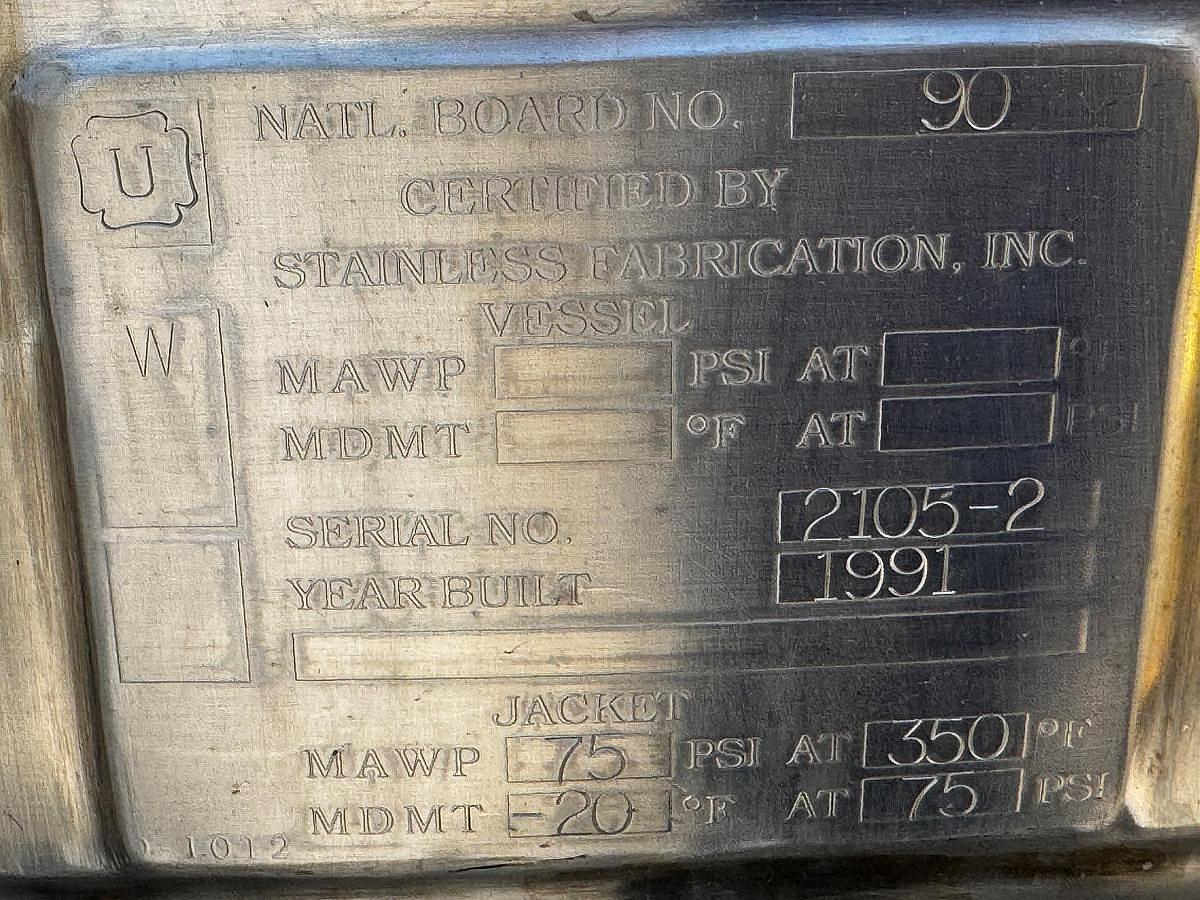 Used 1,500 GALLON STAINLESS FABRICATION MIX TANK - 75 PSI JACKET