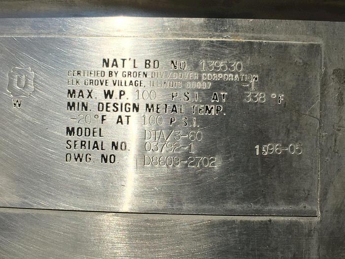 Used 60 GALLON GROEN TWIN ACTION AGITATED KETTLE - TILT TO POUR DISCHARGE - S/S - JACKETED