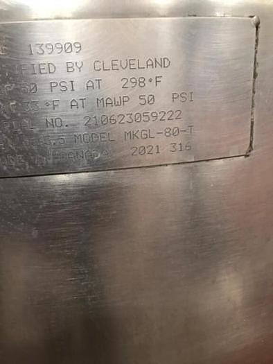 Used 80 GALLON CLEVELAND DUAL AGITATED TILTING KETTLE - S/S - JACKETED