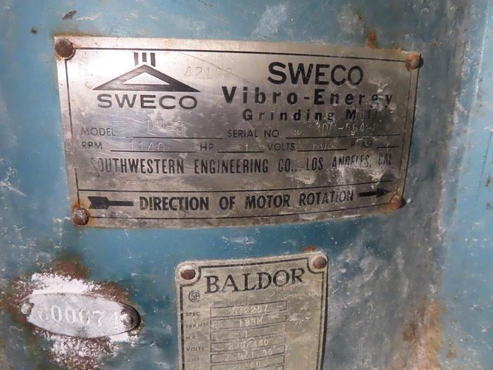Used SWECO VIBRATORY MILL - MODEL DM-3 - URETHANE LINED