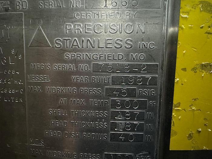 Used 130 GALLON (500-LITER) PRECISION STAINLESS INC. REACTOR VESSEL JACKETED