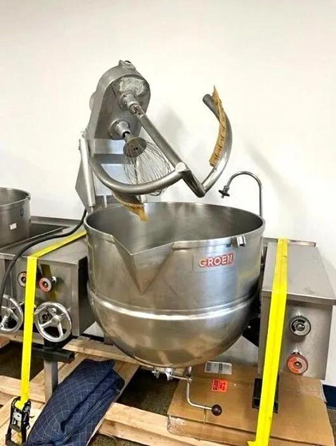 Used DUAL 60 GALLON GROEN TILTING AGITATED KETTLES - 25 PSI