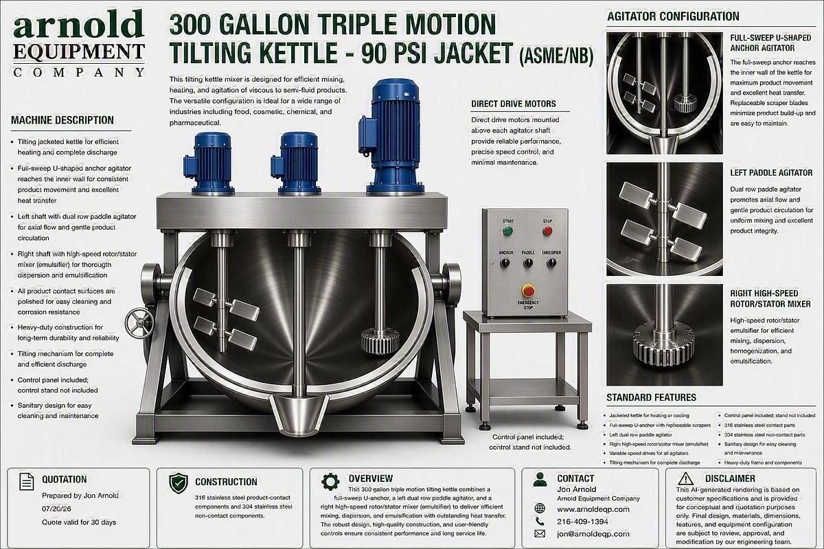 300 GALLON TRIPLE AGITATED TILTING MIX KETTLE - 90 PSI JACKET