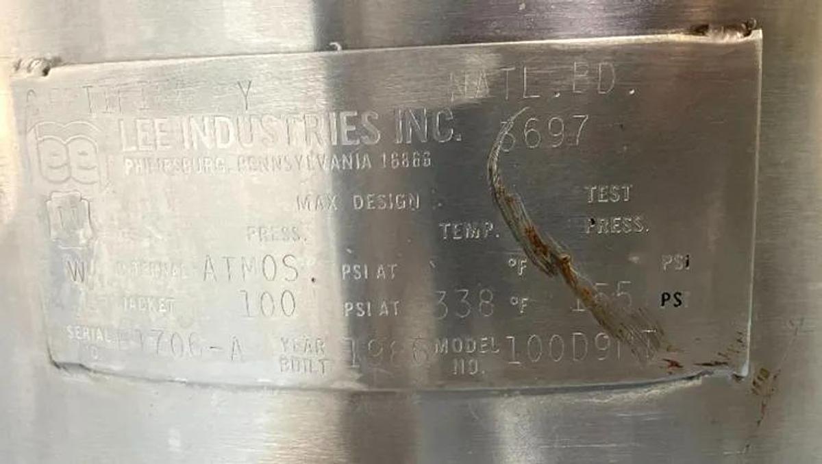 Used 100 GALLON LEE DOUBLE MOTION KETTLE - S/S - JACKETED