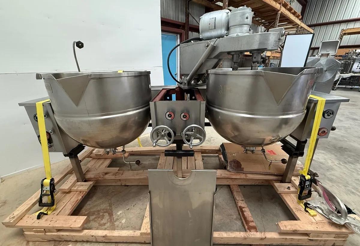 Used DUAL 60 GALLON GROEN TILTING AGITATED KETTLES - 25 PSI