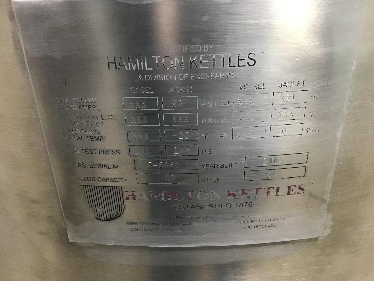 Used 100 GALLON HAMILTON SINGLE MOTION KETTLE - S/S - 90 PSI JACKET