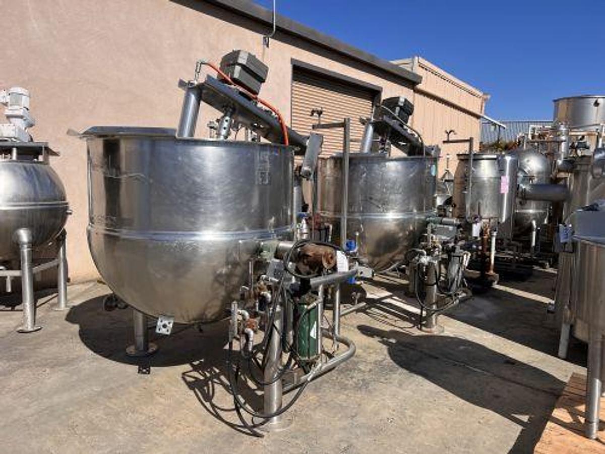 Used 250 GALLON GROEN SINGLE MOTION KETTLE - TILT OUT AGITATION WITH TILT DISCHARGE