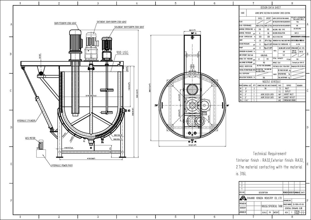 900 GALLON TRIPLE MOTION KETTLE WITH TILT OUT AGITATION - 316L S/S - 90 PSI JACKET