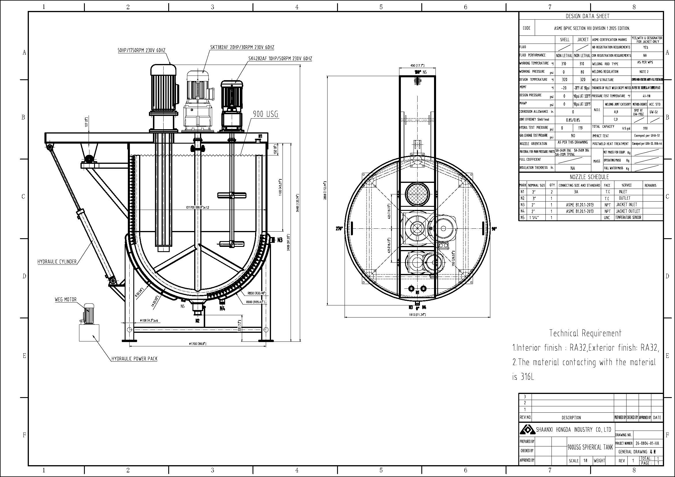 900 GALLON TRIPLE MOTION KETTLE WITH TILT OUT AGITATION - 316L S/S - 90 PSI JACKET