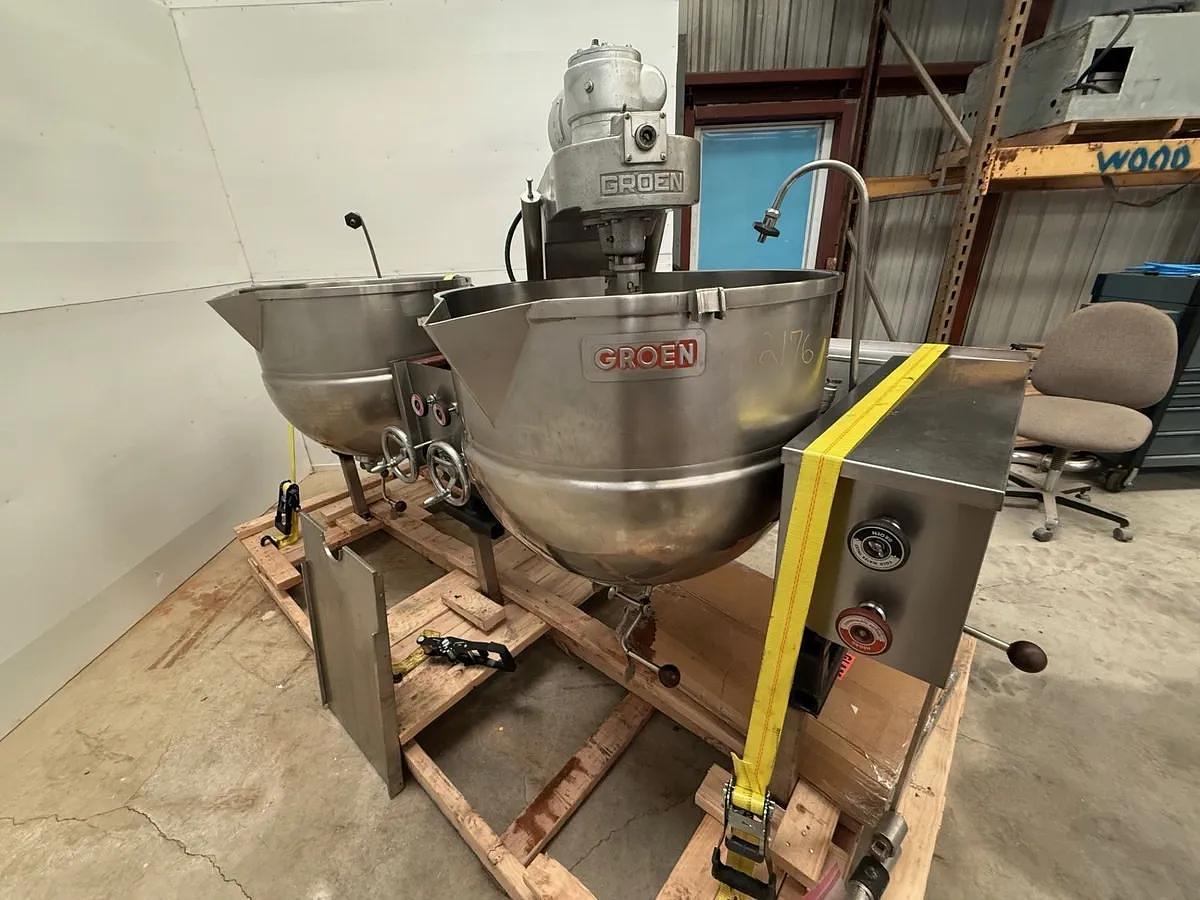 Used DUAL 60 GALLON GROEN TILTING AGITATED KETTLES - 25 PSI