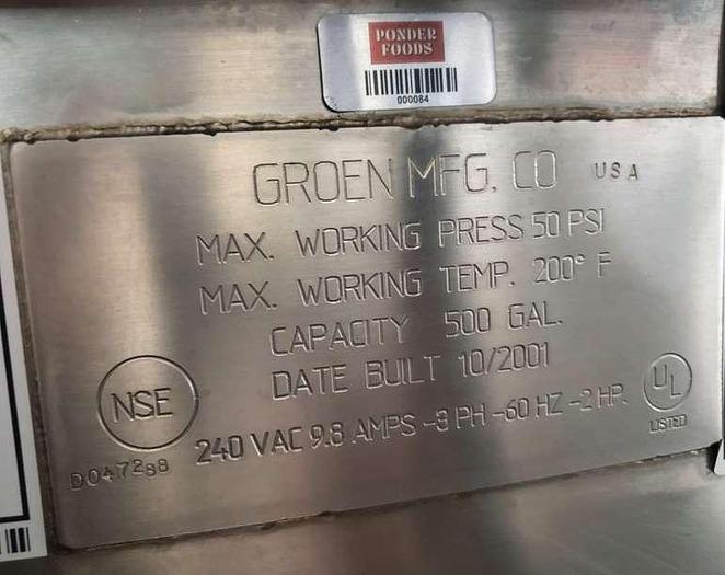 Used (3) 500 GALLON GROEN COOKER/COOLER KETTLES WITH SWEEP AGITATION AND SCRAPER BLADES - S/S - 50 PSI JACKET