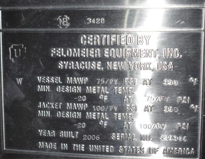 Used 528 GALLON (2000 LITER) FELDMEIER SANITARY REACTOR WITH MIXER - 316L S/S