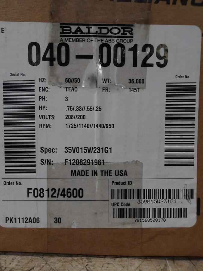 BALDOR RELIANCE .75/.33/.55 HP MOTOR, 208/200 V, 145T FR, #65953G NIB
