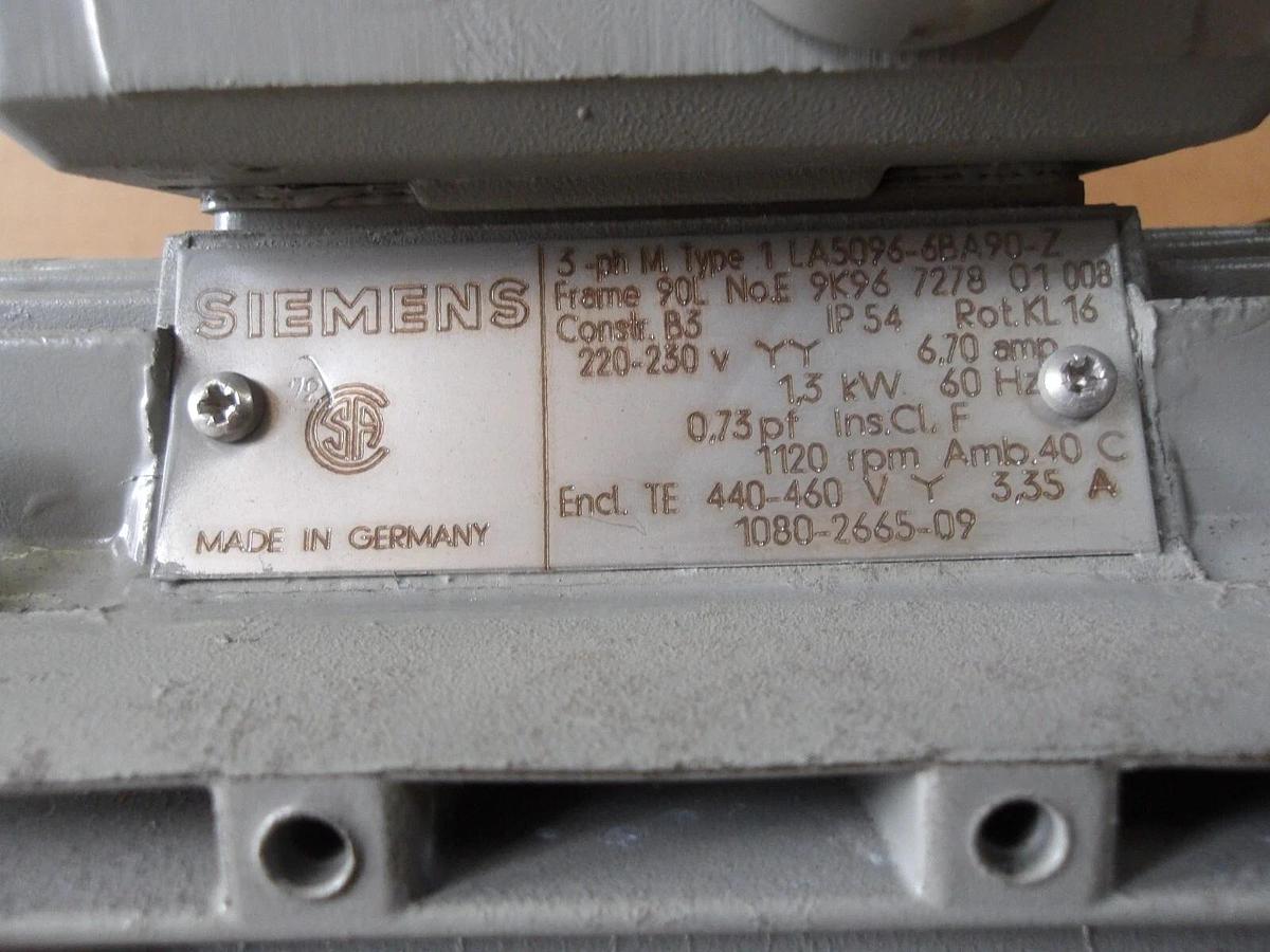 Used SIEMENS 1.3 KW MOTOR, FR 90L, 1120 RPM, 440-460 V, #11141040G NEW