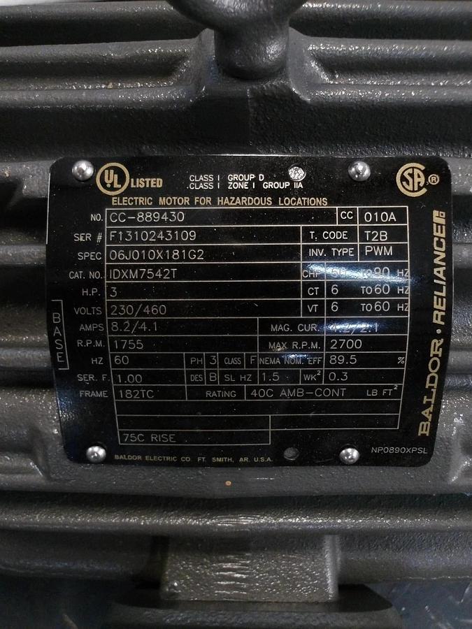 Used BALDOR 3 HP MOTOR, FR 182TC, 1755 RPM, 230/460 V, #7211154G NEW