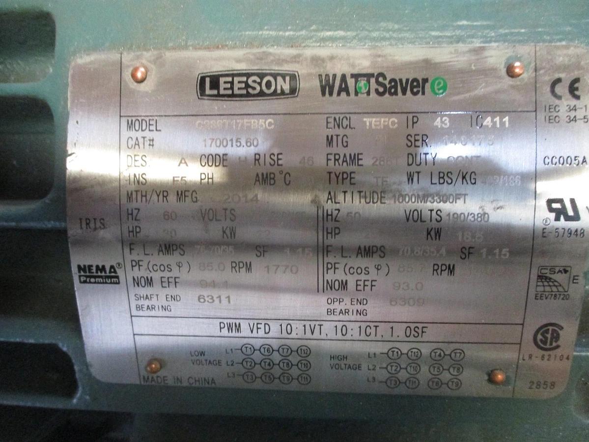 Used LEESON 30 25 HP MOTOR, FR 286T, 1770 1480 RPM, #691000J NEW