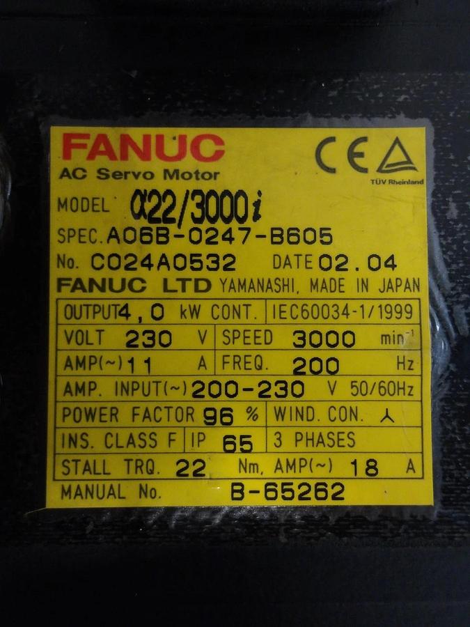 Used FANUC A06B-0247-B605 AC SERVO MOTOR, 3000 RPM, #617236G REMANUFACTURED