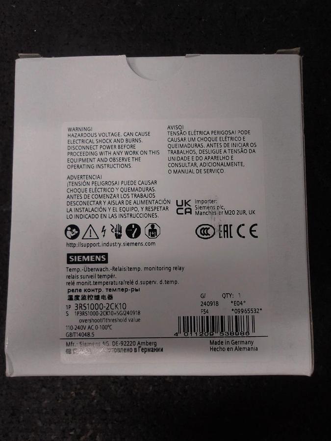 SIEMENS SIRIUS 3RS1000-2CK10 TEMP MONITORING RELAY, #3251015G NIB