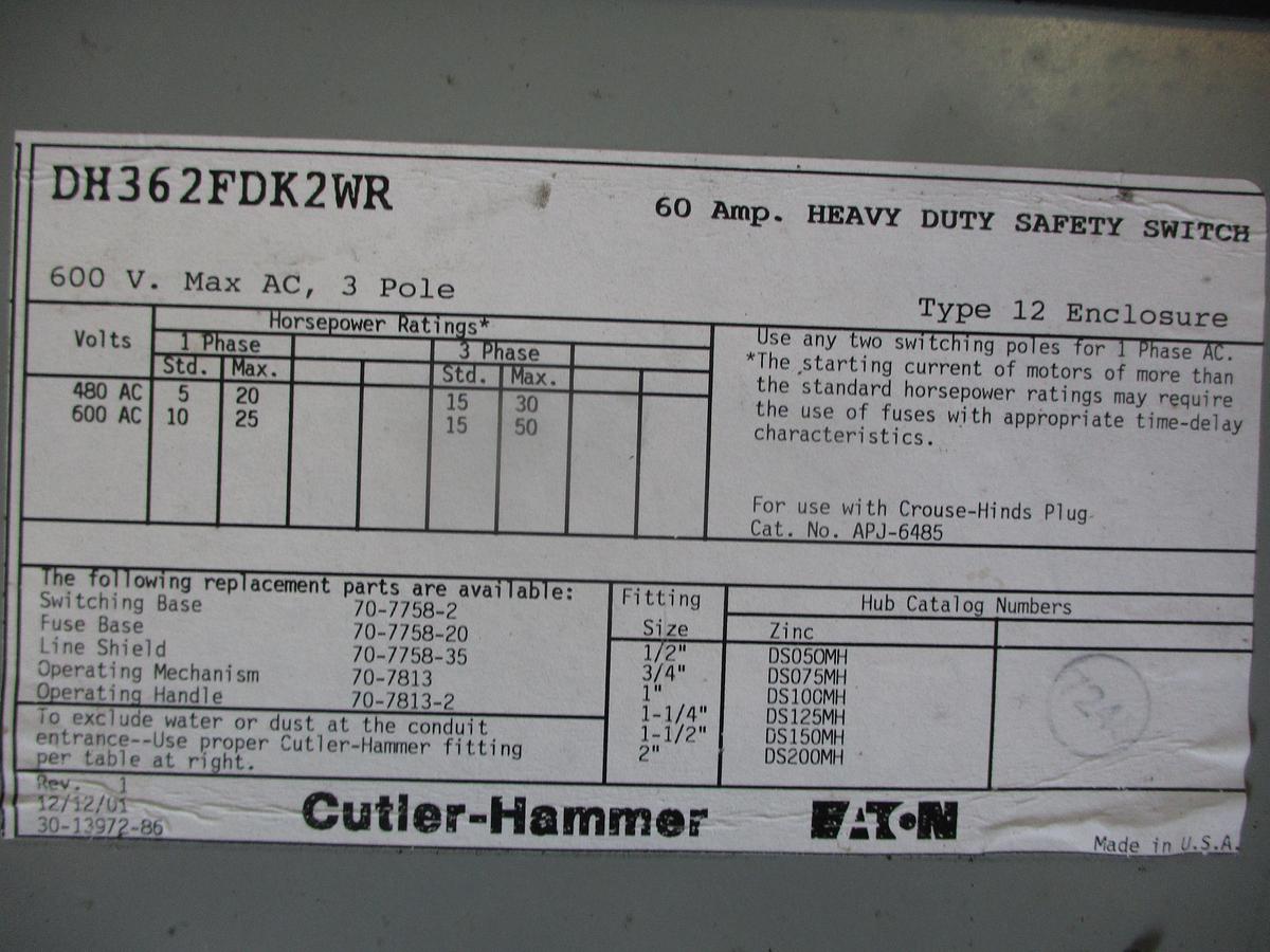 Used CUTLER-HAMMER 60 AMP SAFETY SWITCH