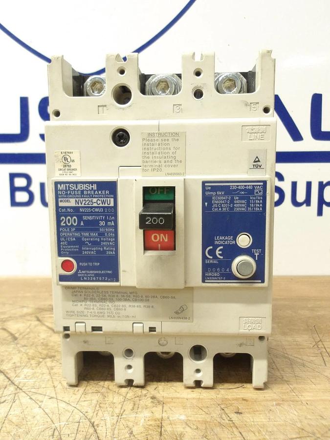Used MITSUBISH 200 AMP CIRCUIT BREAKER NV225-CWU, #123208G USED