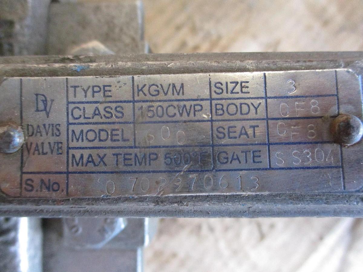 Used DAVIS 3" STAINLESS KNIFE GATE VALVE, #731031J USED