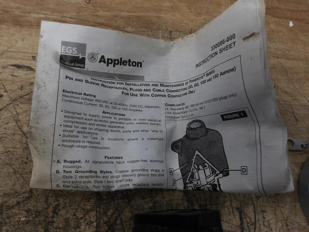 Used APPLETON ADR6044 POWERTITE RECEPTACLE 60 AMP, #3171010G NEW