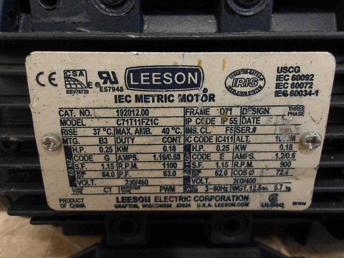 Used LEESON IEC .25 HP METRIC MOTOR, FR D71, 1100/900 RPM, 230/460/400 V, #5281108G N