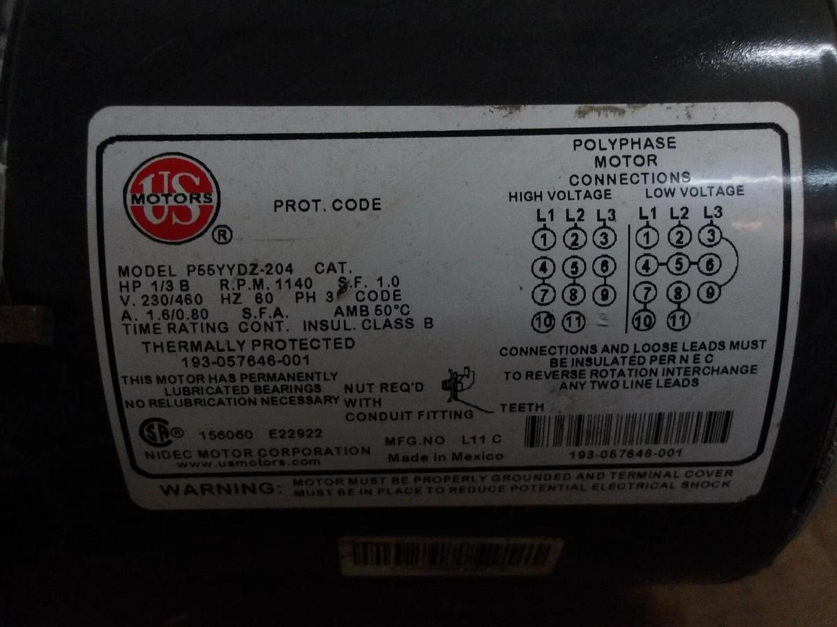 Used US POLYPHASE 1/3 HP MOTOR, 230/460 V, 1140 RPM, #117215G NEW
