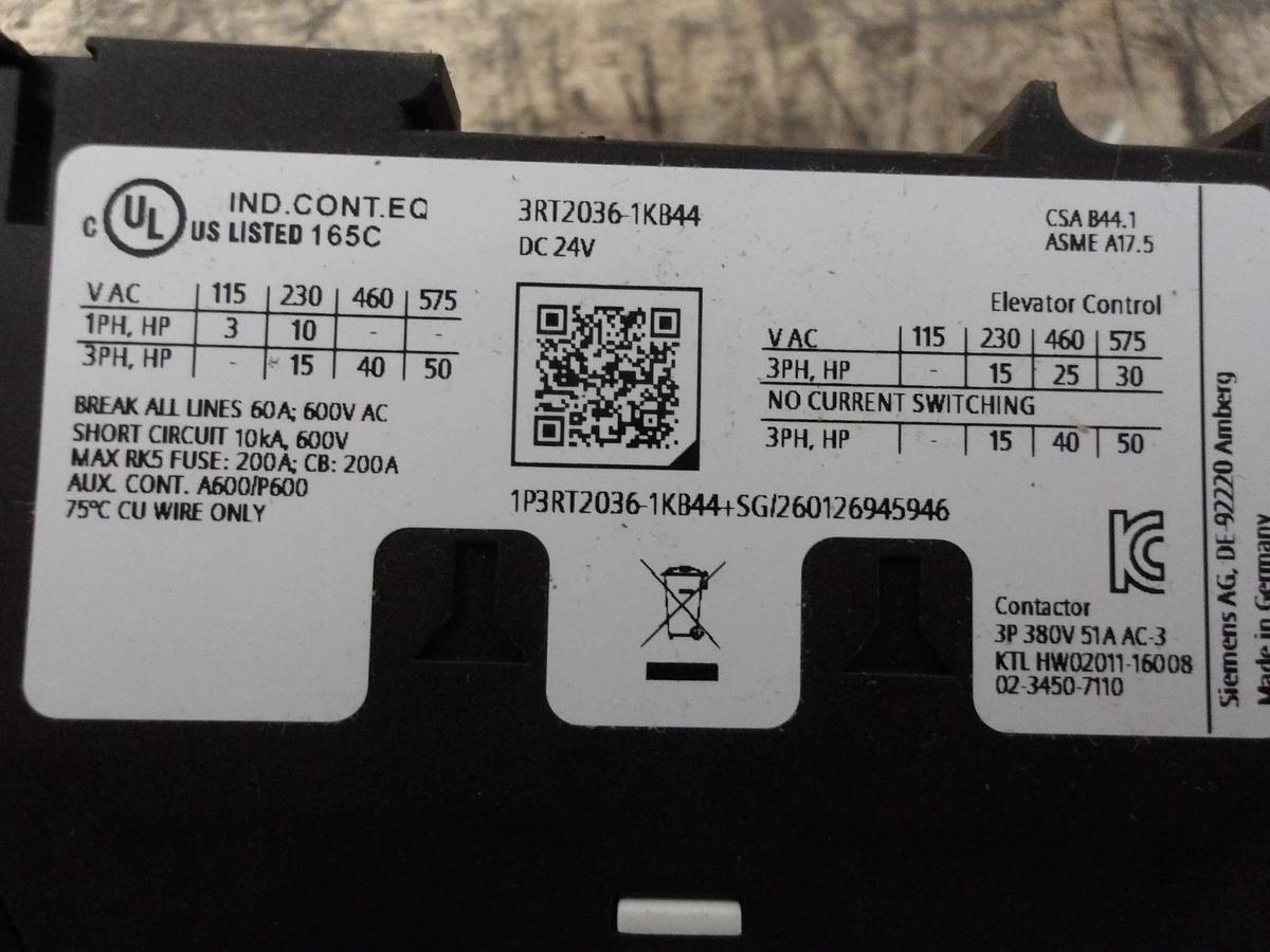 Used SIEMENS 3RT2036-1KB44 CONTACTOR, #511141G NEW