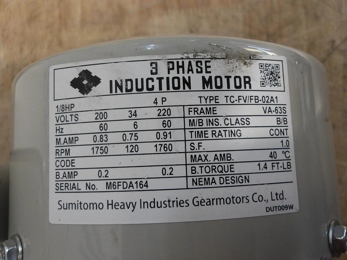 Used SUMITOMO ALTAK TC-FV/FB DRIVE UNIT, 1/8 HP, RATIO 87:1, #721155G USED
