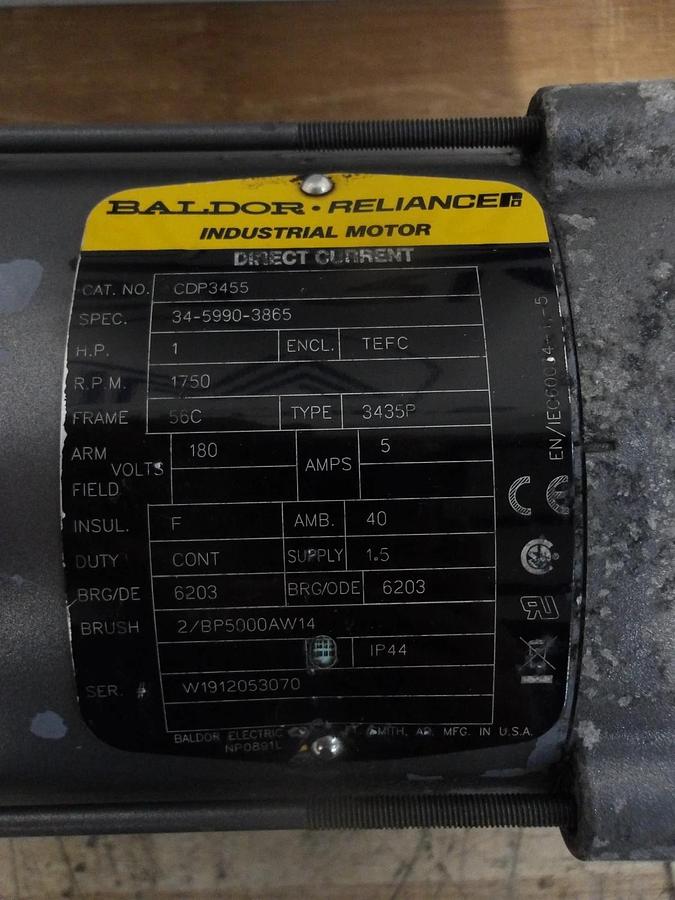 Used BALDOR RELIANCE 1 HP MOTOR, FR 56C, RPM 1750, 180 VDC, #1091015G USED