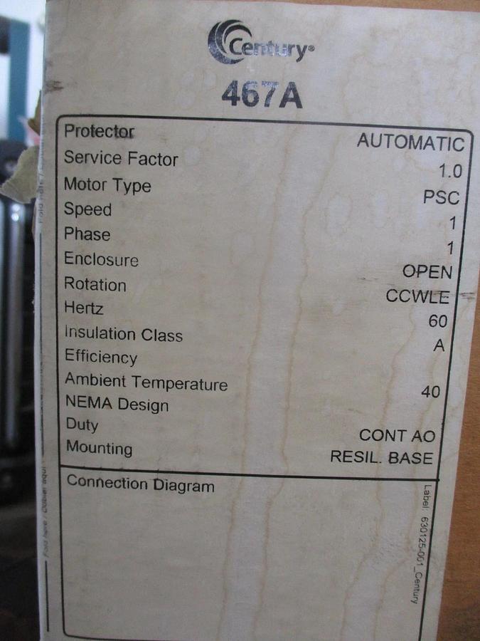 CENTURY 1/5-1/8-1/10 ROOM AIR CONDITIONER MOTOR, 208-230 V, #69234J NIB