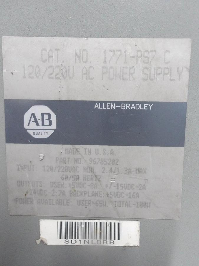 Used ALLEN BRADLEY 1771-PS7-C POWER SUPPLY, 120-220 V, #919242G USED