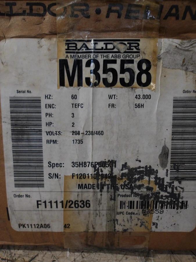 BALDOR 2 HP MOTOR, 208-230/460 V, 1735 RPM, 56H FR, #69243G NIB