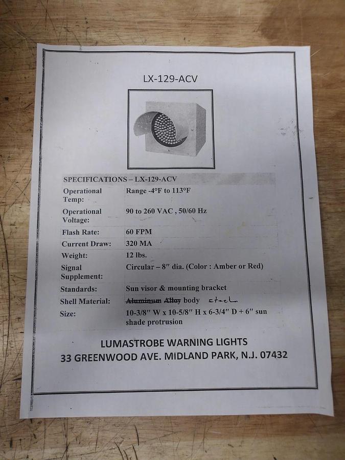 LUMASTROBE LX-129-ACV TRAFFIC WARNING LIGHT 8", #34915G NIB