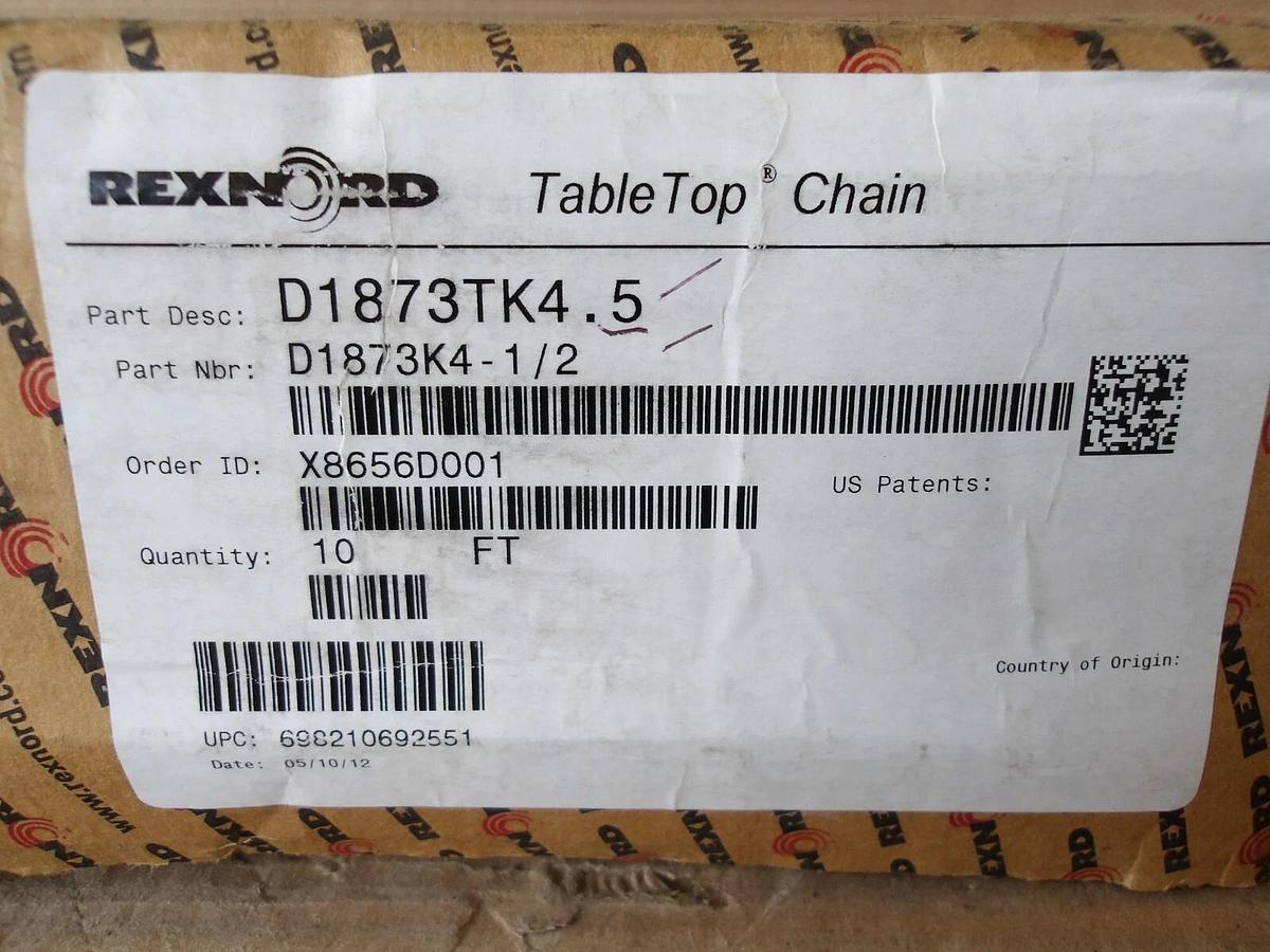 REXNORD D1873TK4.5 TABLE TOP CHAIN 10' X 4-1/2", #827850G NIB