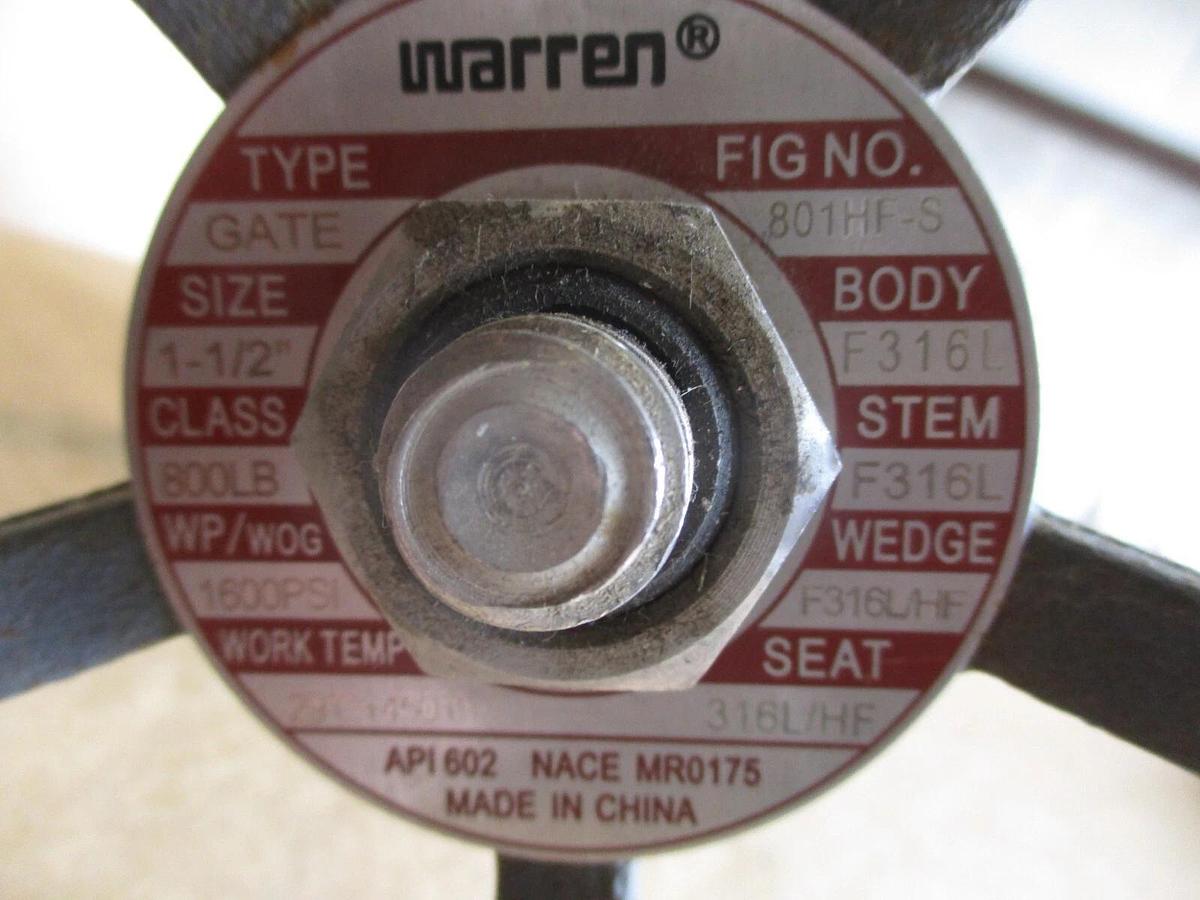 Used WARREN 1-1/2" STAINLESS GATE VALVE (SOCKET WELD), #4161216J NEW