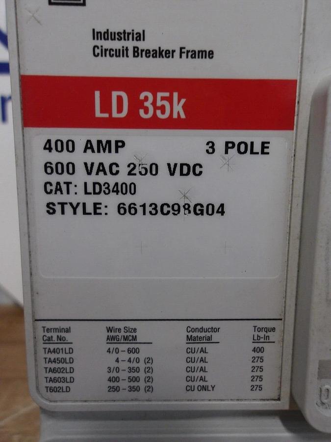 Used CUTLER HAMMER 400 AMP BREAKER LD35K, 600 VAC, #221948G NEW