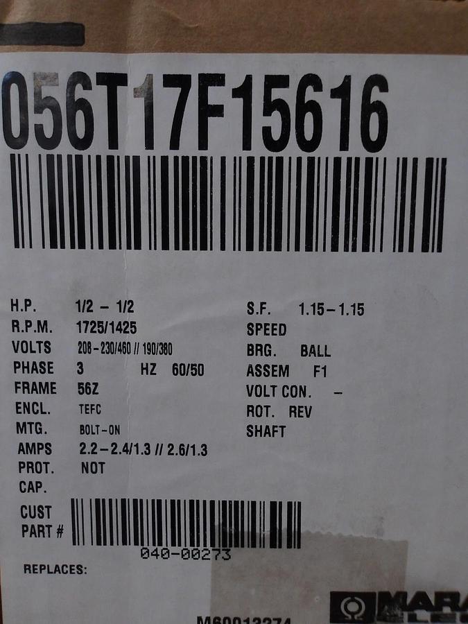 MARATHON 1/2 HP MOTOR, 1725 RPM, 56Z FR, #65146G NIB