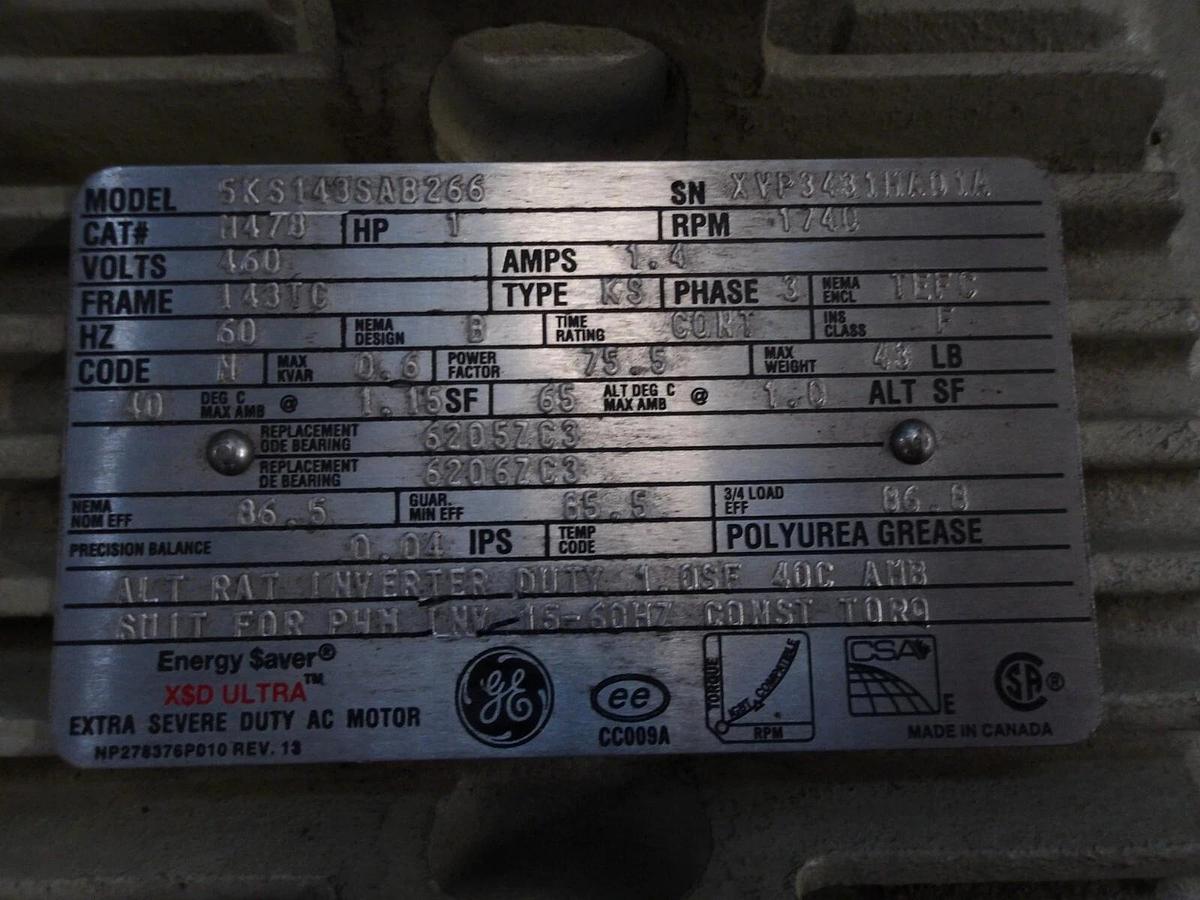 Used GE 1HP MOTOR, FR 143TC, 1740 RPM, 460 V, #530847G NEW