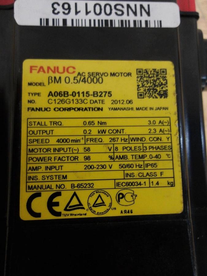 Used FANUC BM0.5/4000 SERVO MOTOR A06B-0115-B275, #56 USED
