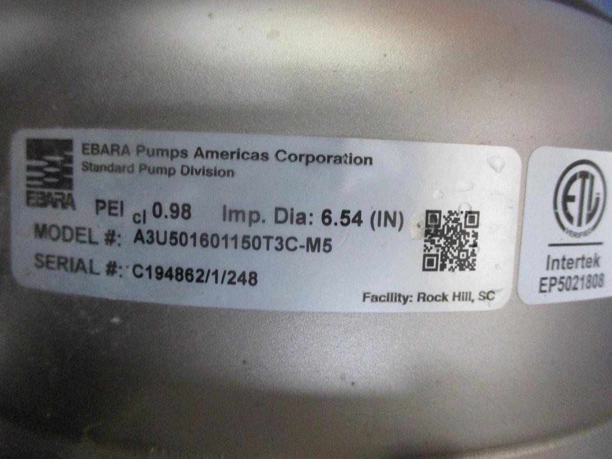 Used EBARA 2" X 2-1/2" STAINLESS 15 HP PUMP, #6121027J NEW