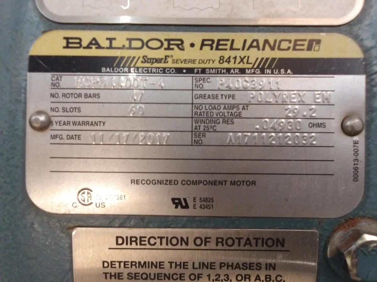 Used BALDOR RELIANCE 100 HP SUPER-E 841XL MOTOR, FR 405T, 1785 RPM, 460 V, #113845G
